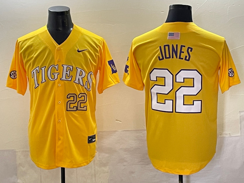 Men 2025 LSU Tigers #22 Jones Yellow Joint Name Nike NCAA 2025  Jersey style 6->ncaa teams->NCAA Jersey